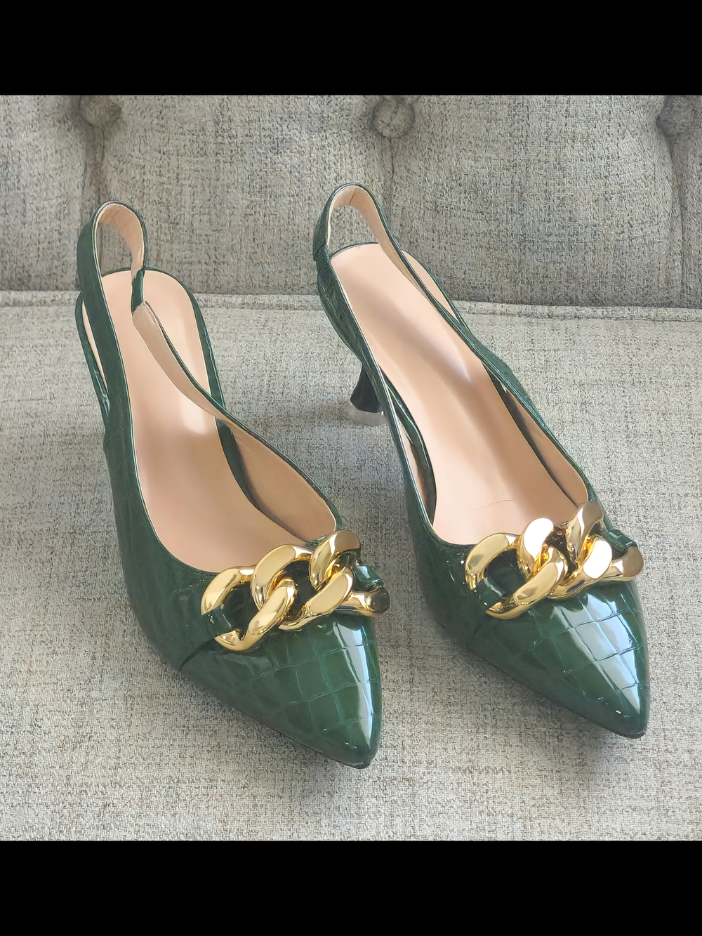 Green Patent Slingback Pumps with Gold Chain Accent